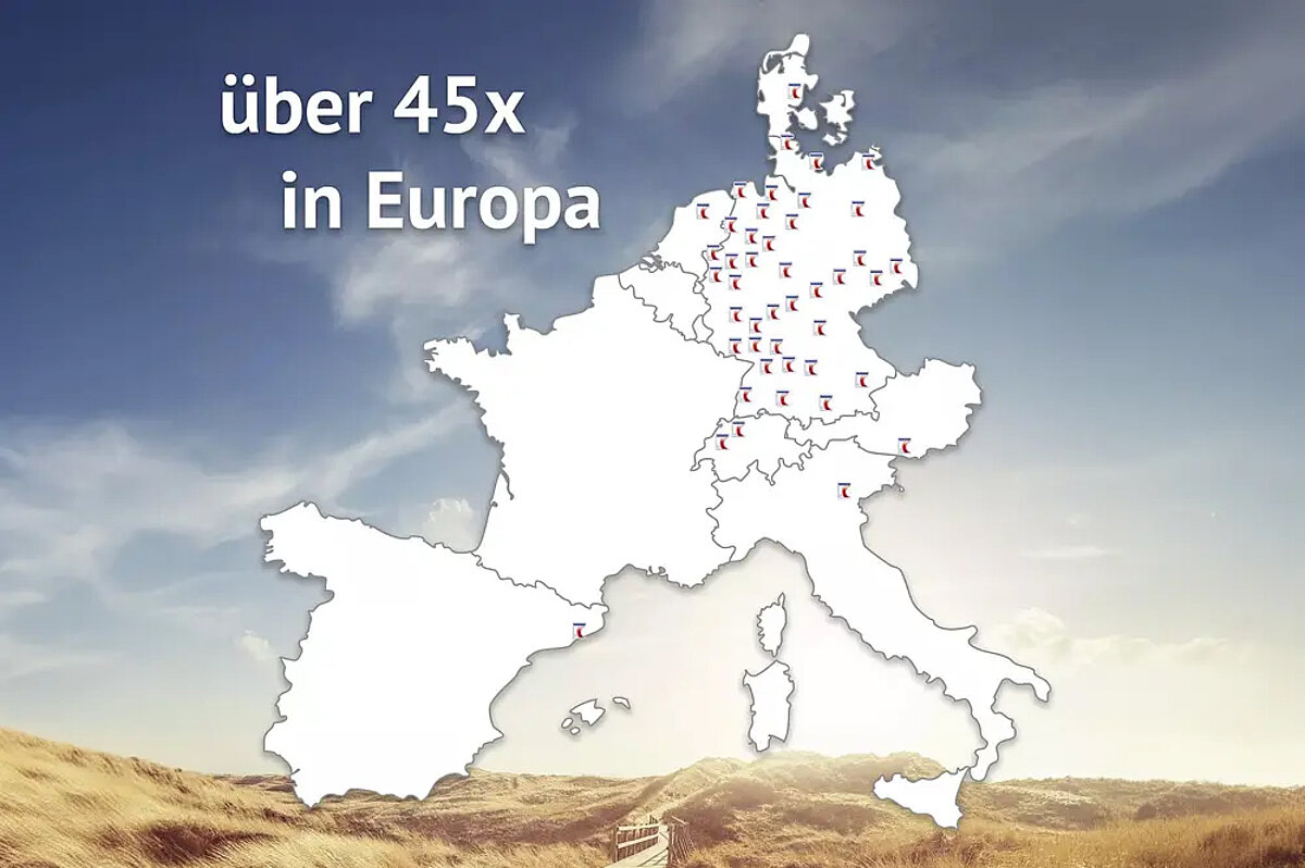 InterCaravaning hat insgesamt über 45 Händler in ganz Europa. Eine Karte von Europa mit allen 45 InterCaravaning-Händlern.