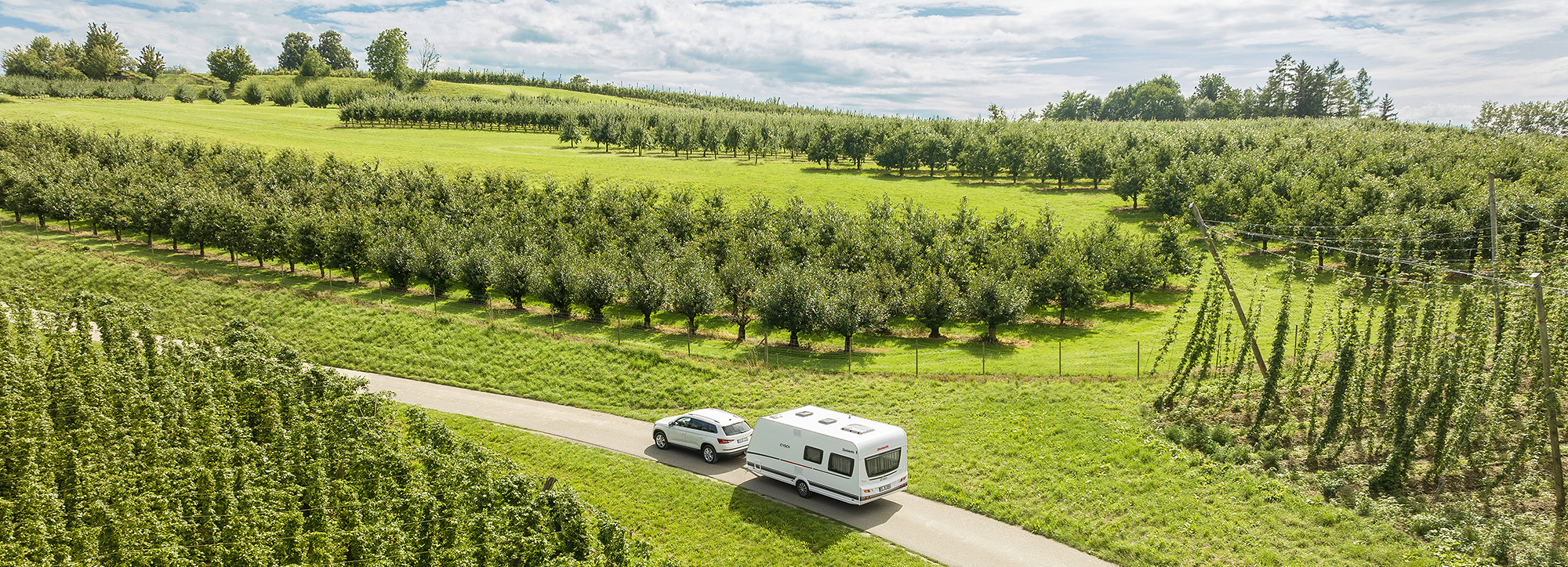 Ein Wohnwagen fährt durch ein grünes Anbaugebiet.